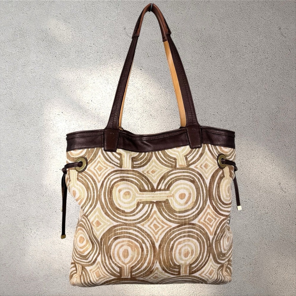 COACH AUDREY 17044 BROWN BEIGE OP ART SIGNATURE CANVAS SWIRL LEATHER TOTE BAG - Picture 2 of 8